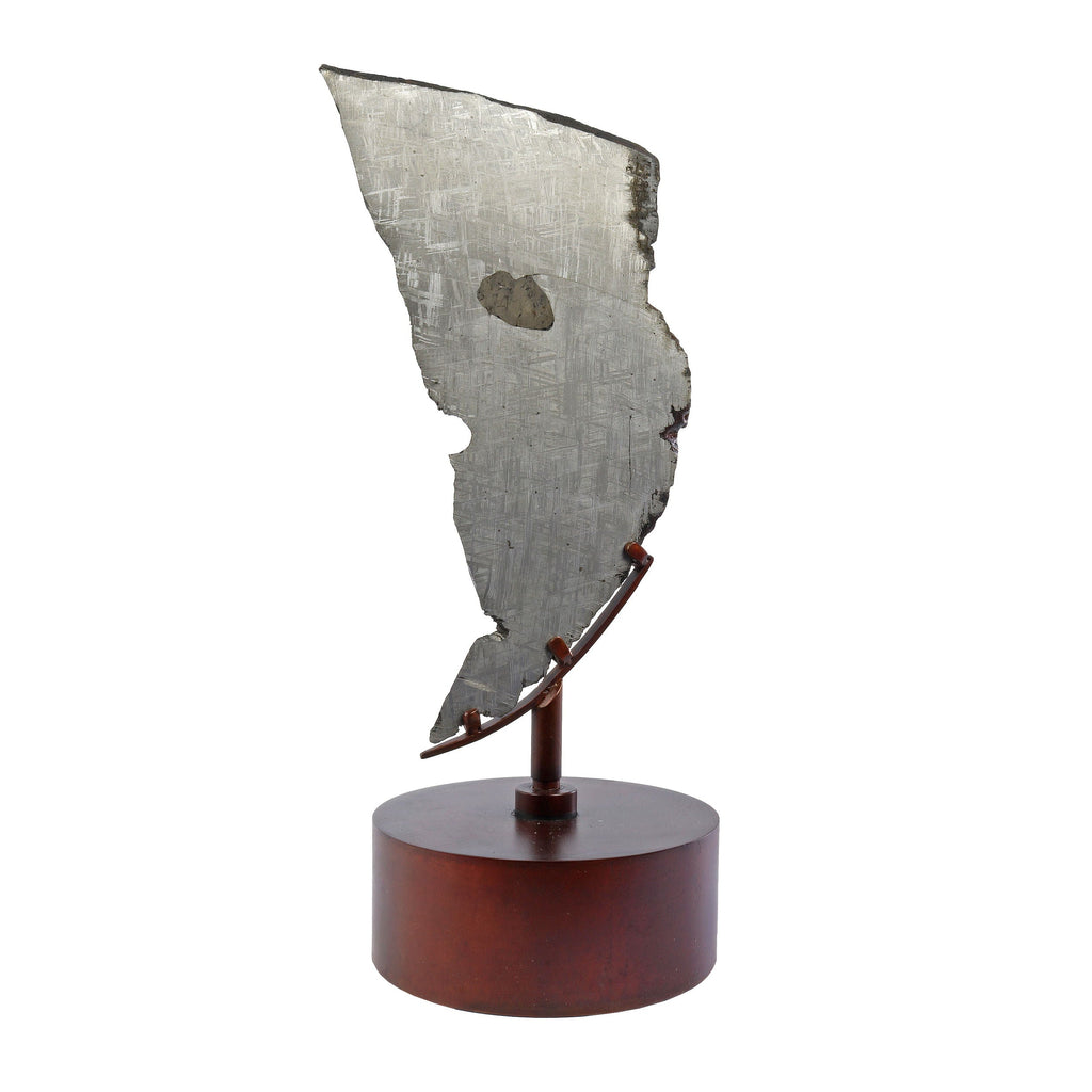 Muonionalusta Meteorite Slice with Troilite Inclusion on Steel Spinner Stand