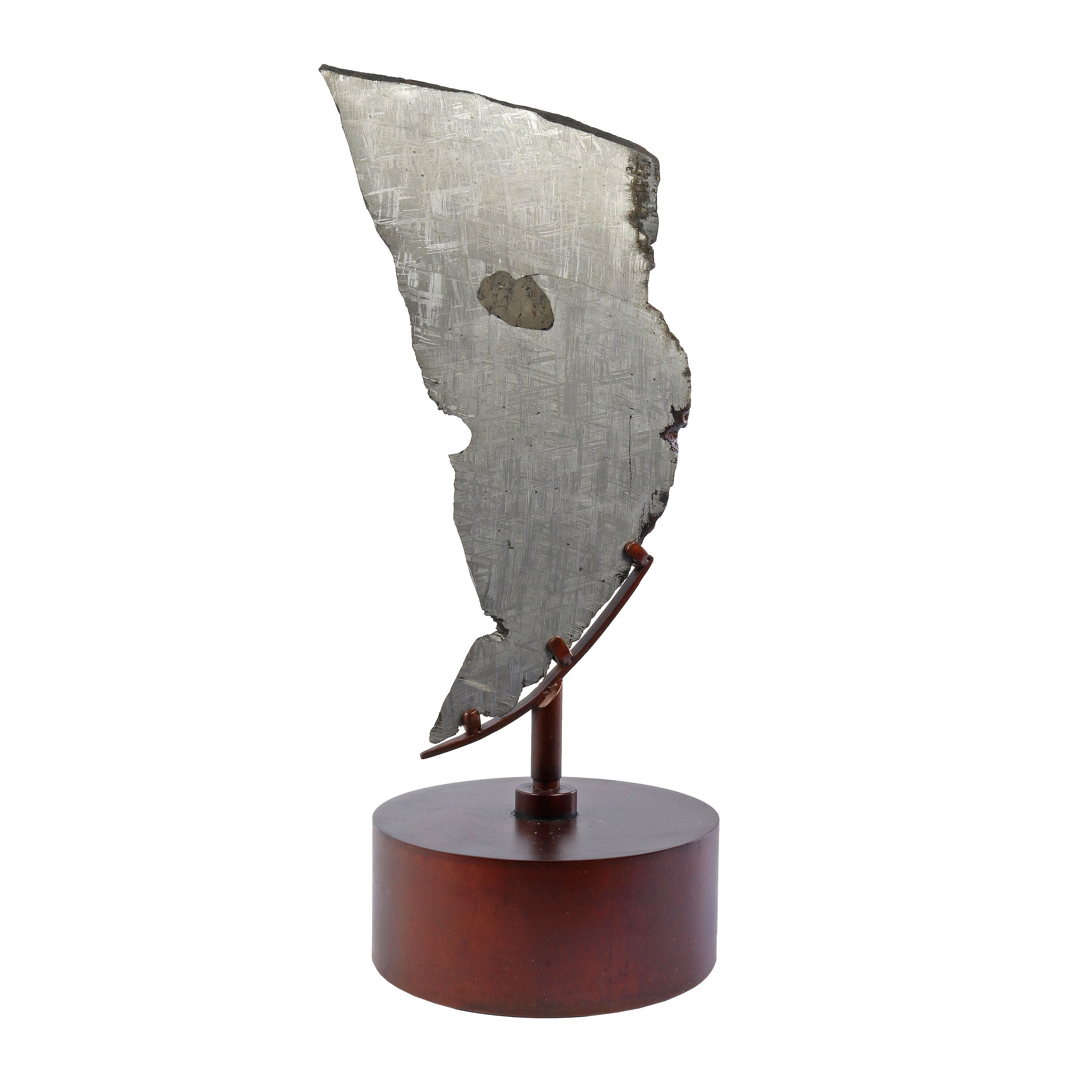 Muonionalusta Meteorite Slice with Troilite Inclusion on Steel Spinner Stand