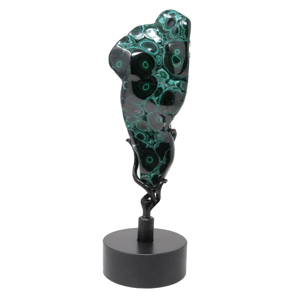 Chrysocolla Malachite Polished Emerald Green and Glossy Black on a Custom Spinner Stand