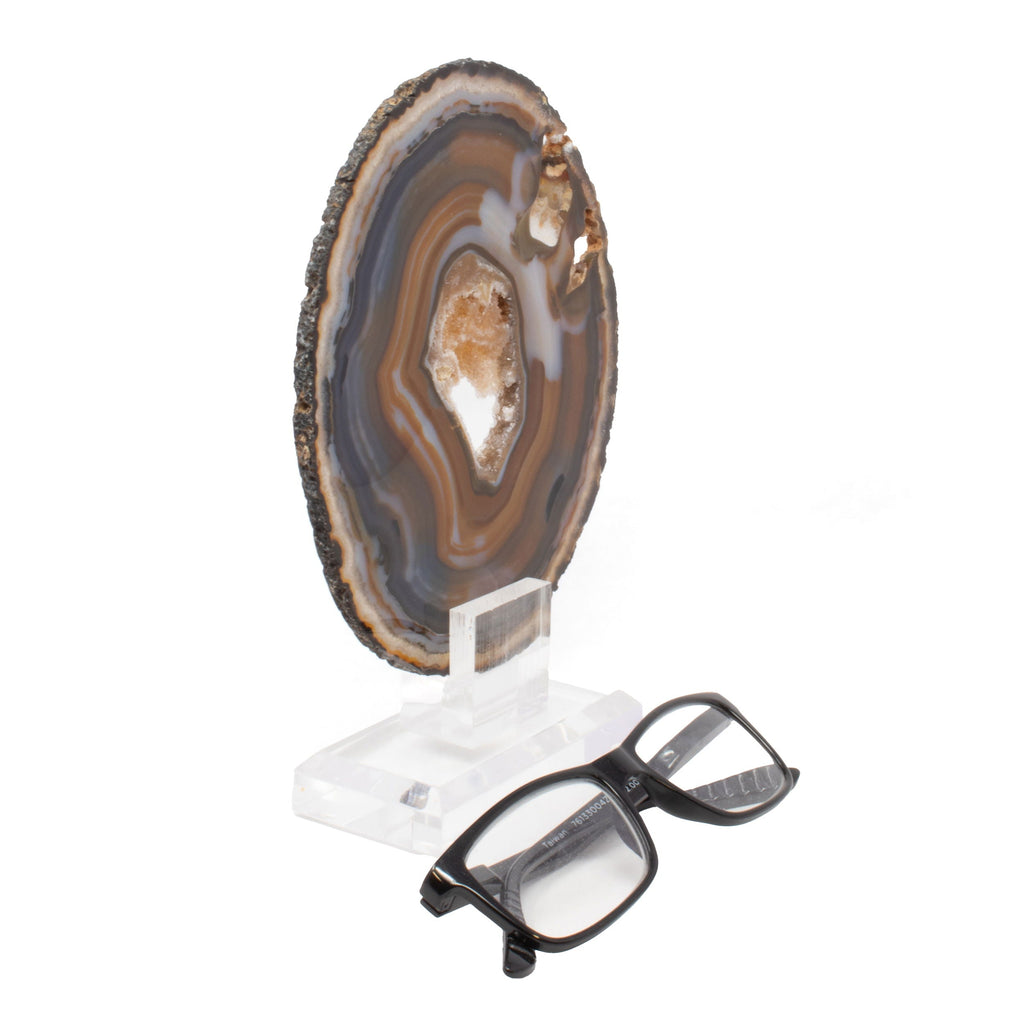 Agate Druze Slice Densely Banded Blues & Browns with Exterior Geode Inclusions on an Acrylic Stand