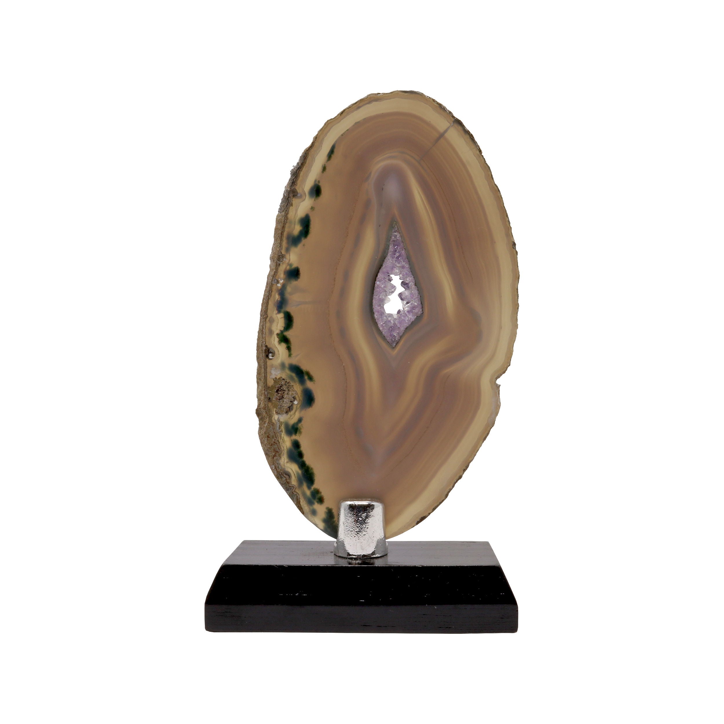 Agate Slice Amethyst with Gray & Green Accents on Wooden Stand