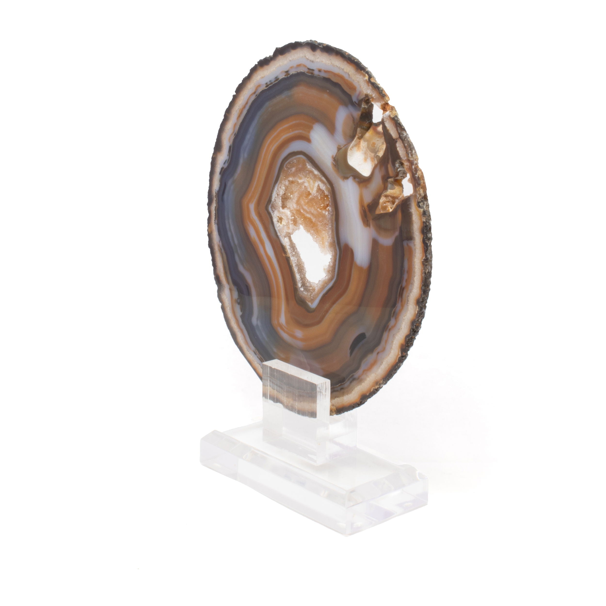 Agate Druze Slice Densely Banded Blues & Browns with Exterior Geode Inclusions on an Acrylic Stand