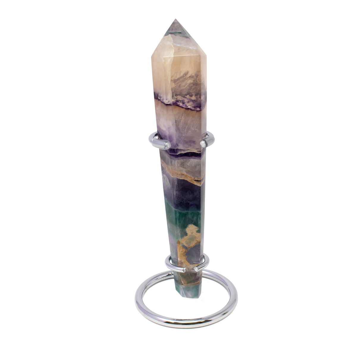 Rainbow Fluorite Tapered Point with Stainless Steel Spiral Stand 6.25"
