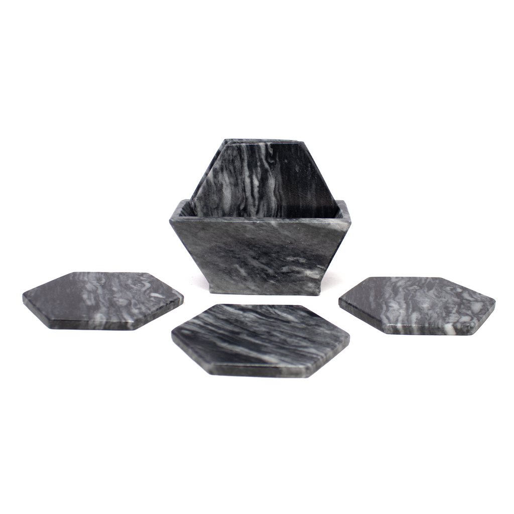 Coasters Gray Marble Hexagon Set of 6 with Holder