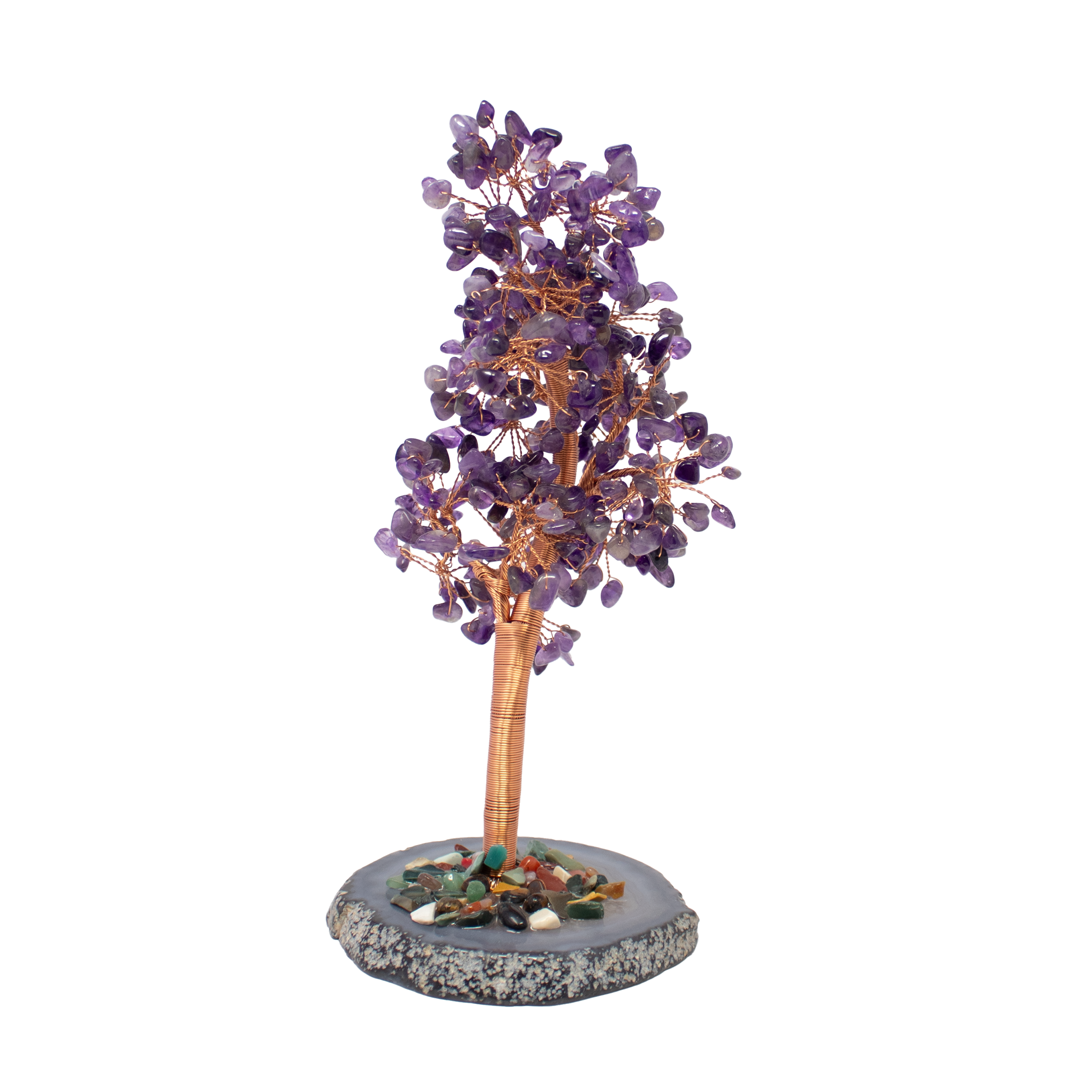 Amethyst Copper Wire Beaded Tree on Agate Slice Base 8"
