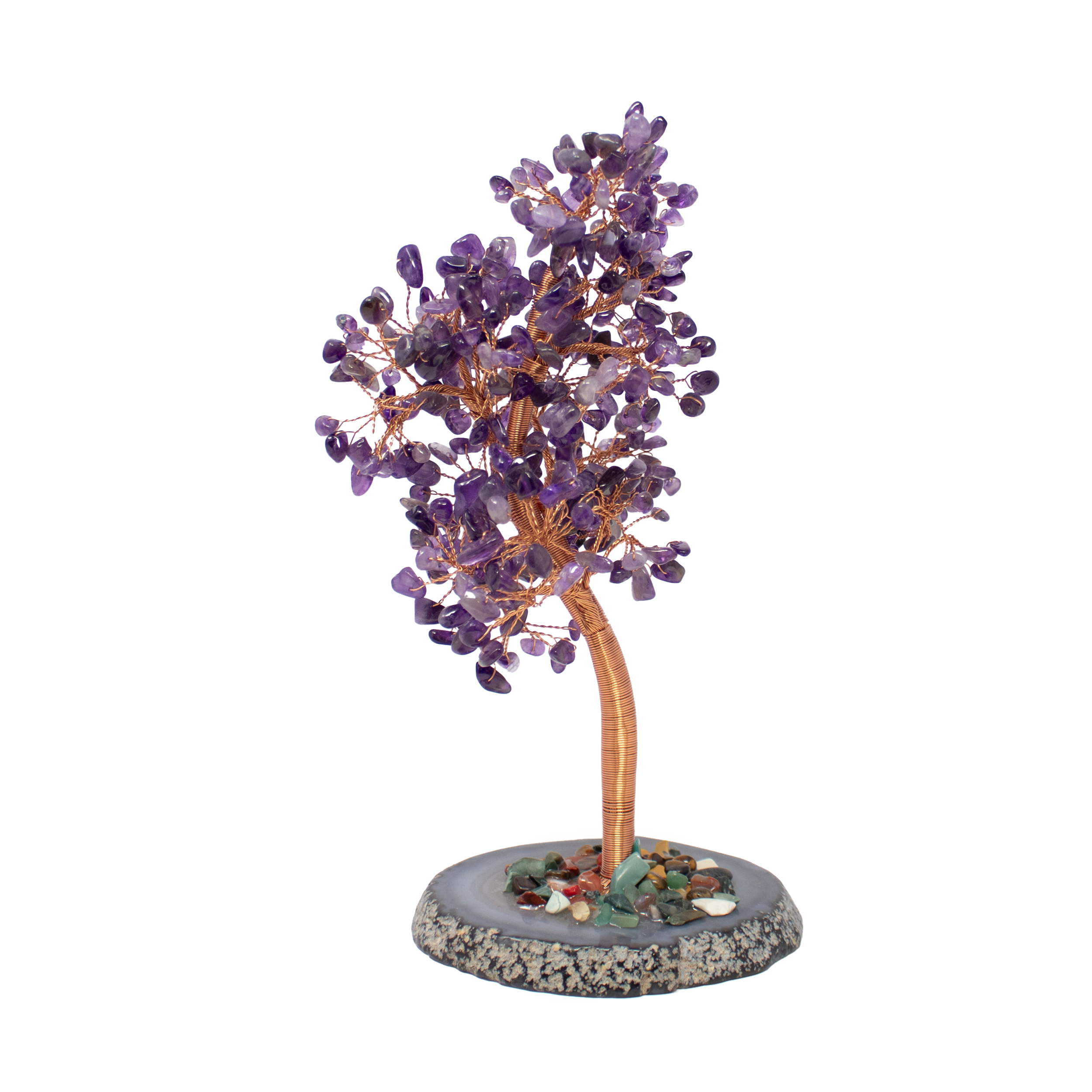 Amethyst Copper Wire Beaded Tree on Agate Slice Base 8"