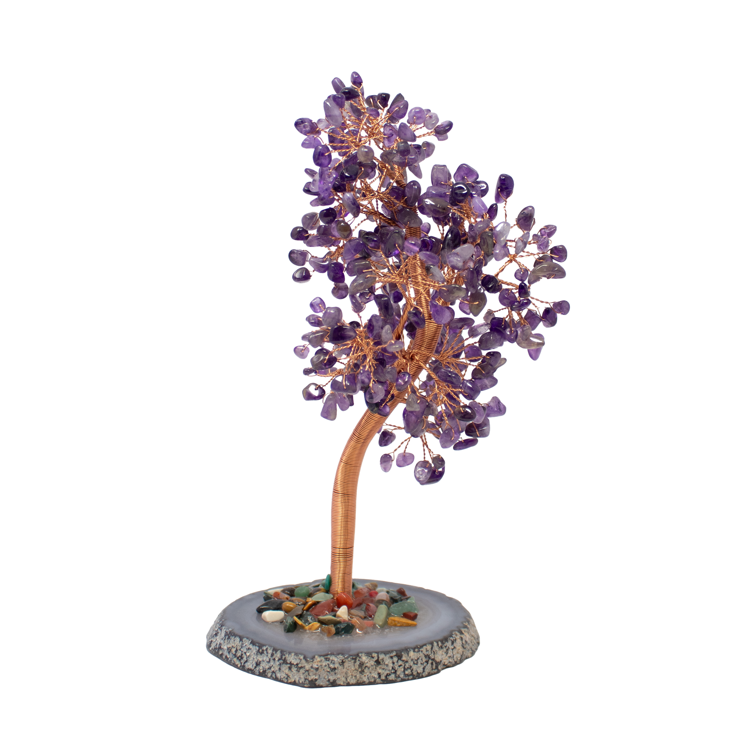 Amethyst Copper Wire Beaded Tree on Agate Slice Base 8"