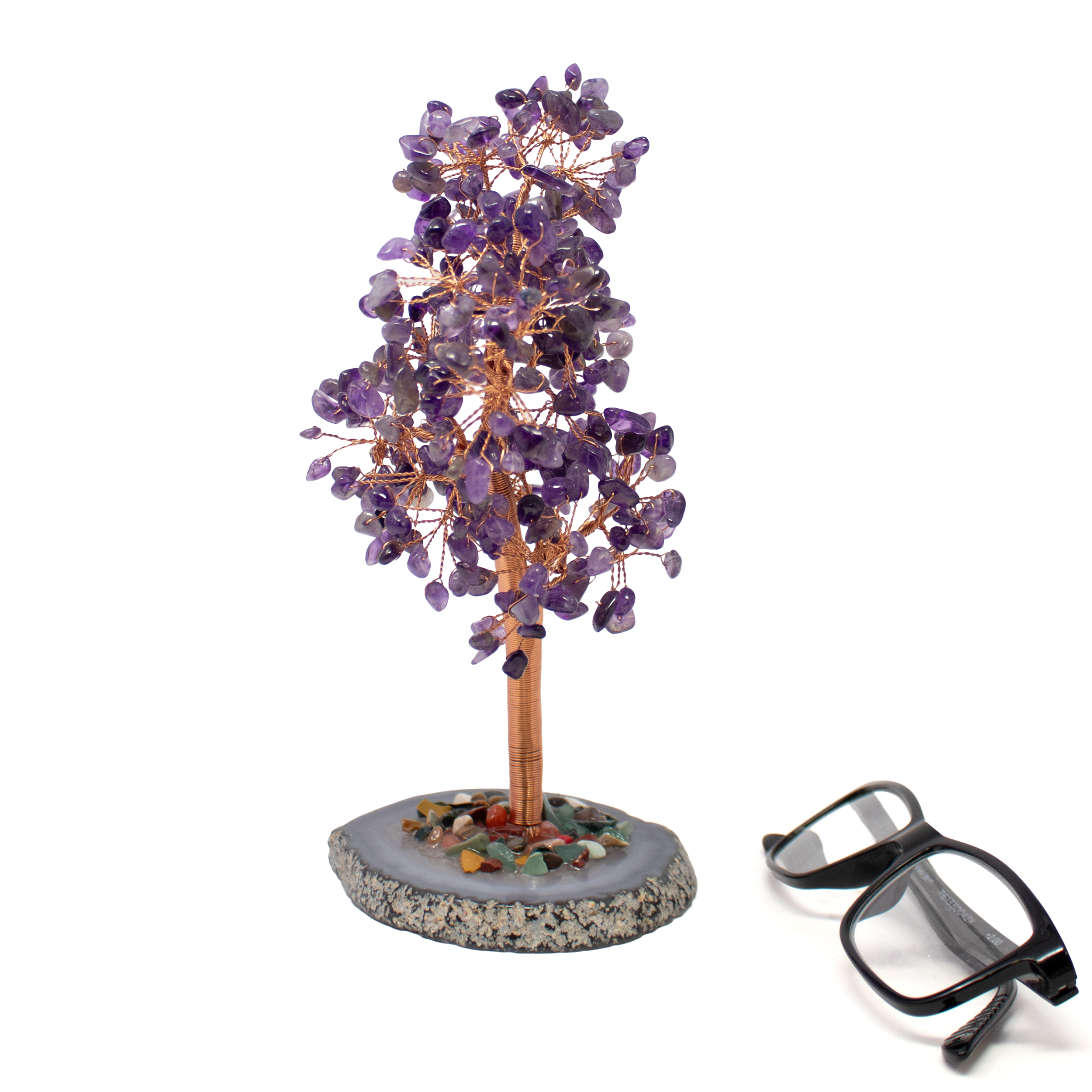 Amethyst Copper Wire Beaded Tree on Agate Slice Base 8"
