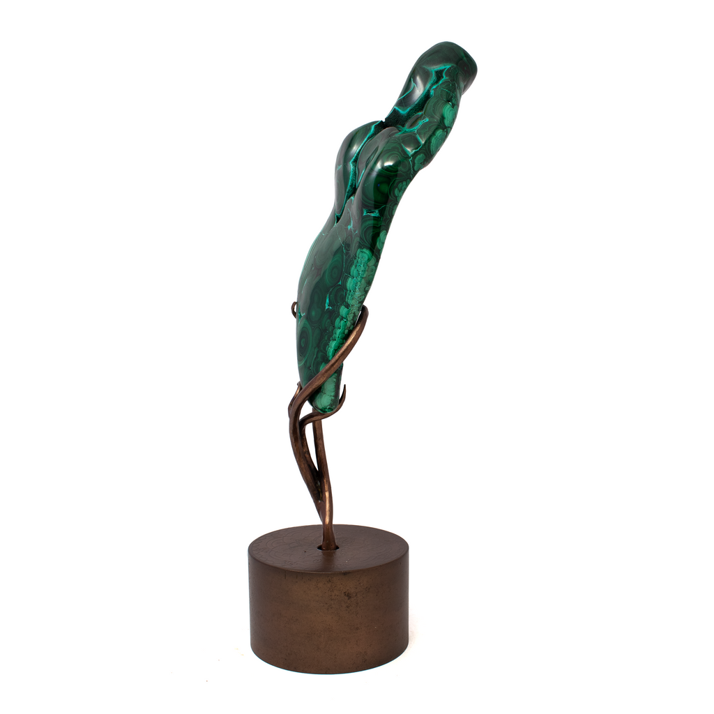 Chrysocolla Malachite Polished Vivid Green and Blue Swirls on Custom Etched Copper Spinning Stand