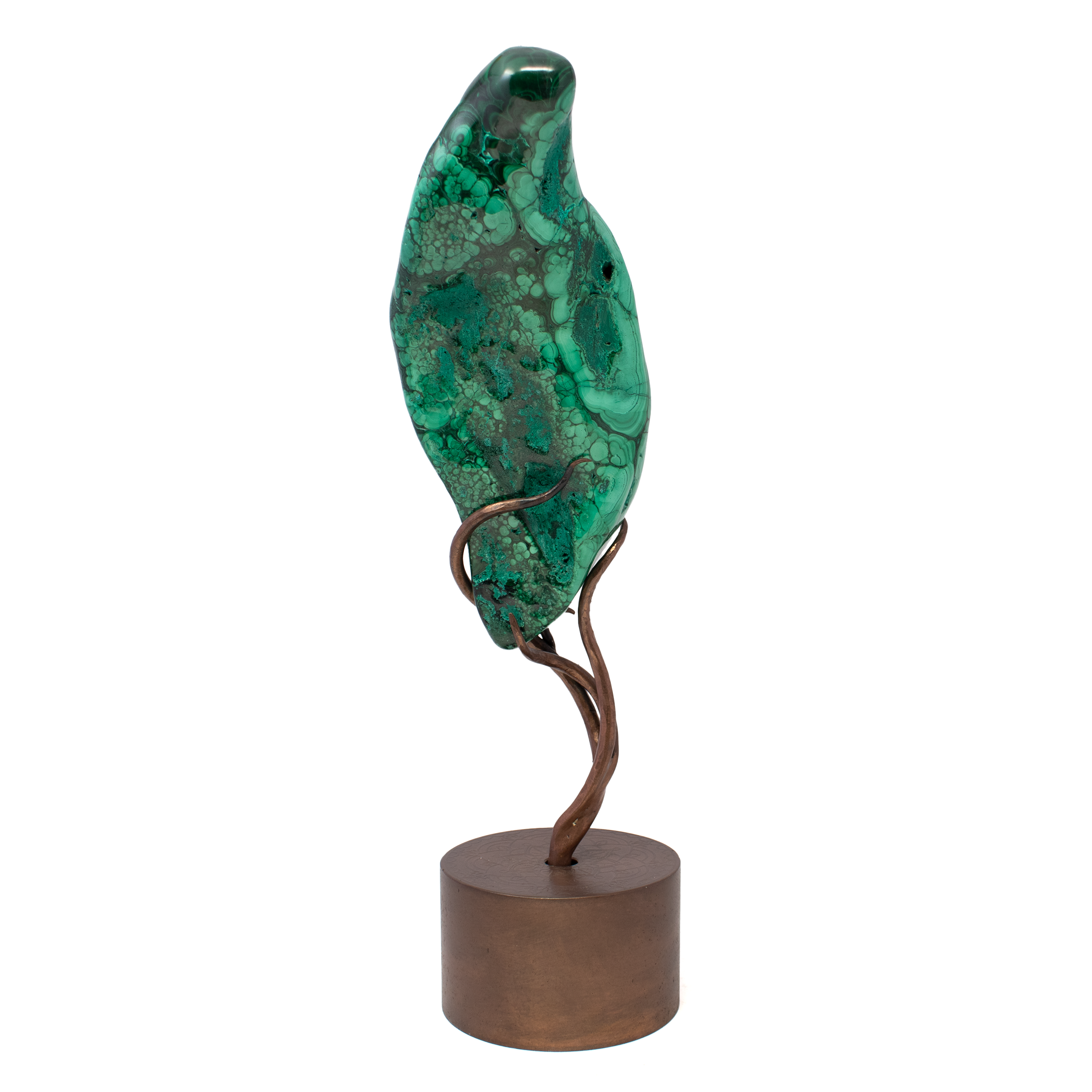 Chrysocolla Malachite Polished Vivid Green and Blue Swirls on Custom Etched Copper Spinning Stand