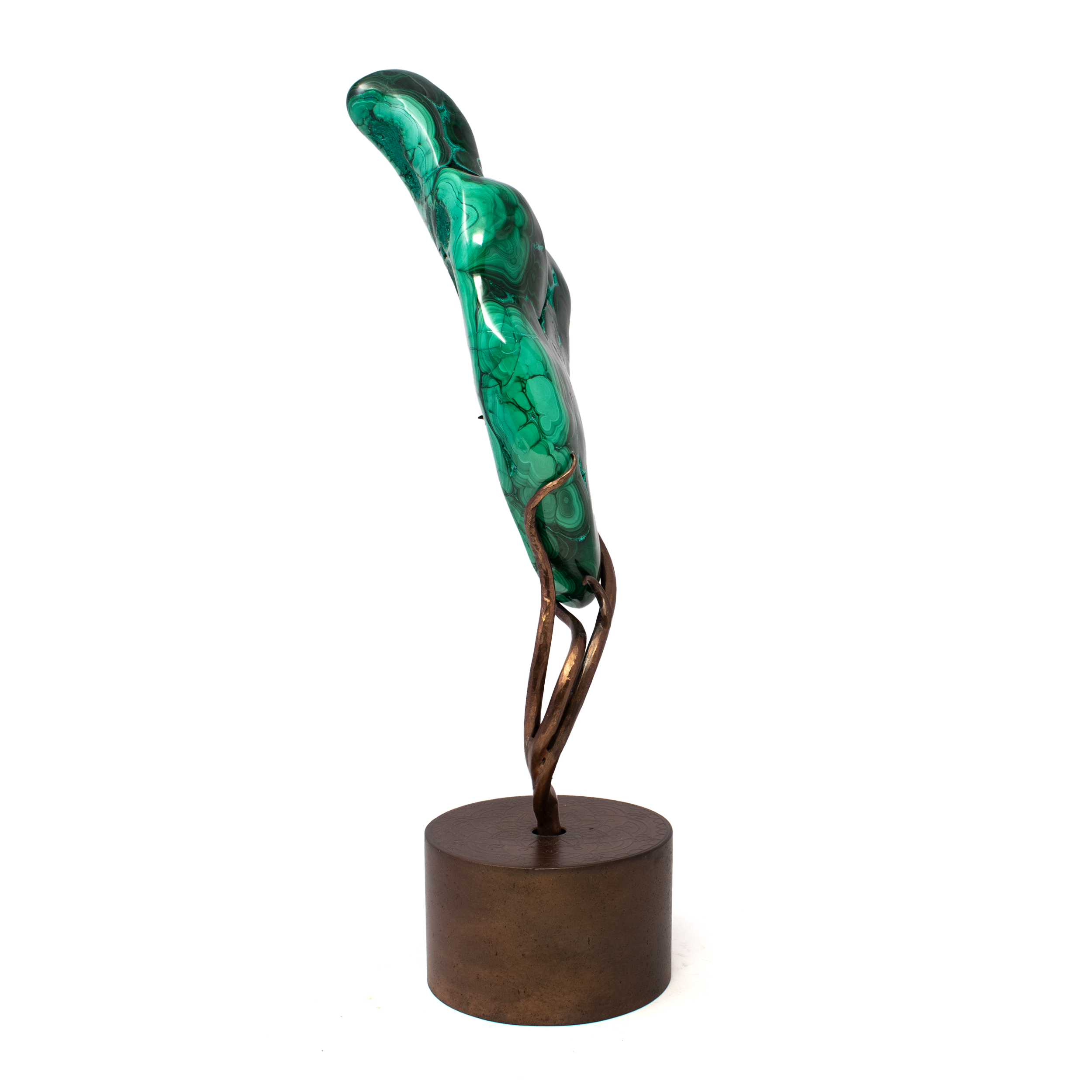 Chrysocolla Malachite Polished Vivid Green and Blue Swirls on Custom Etched Copper Spinning Stand