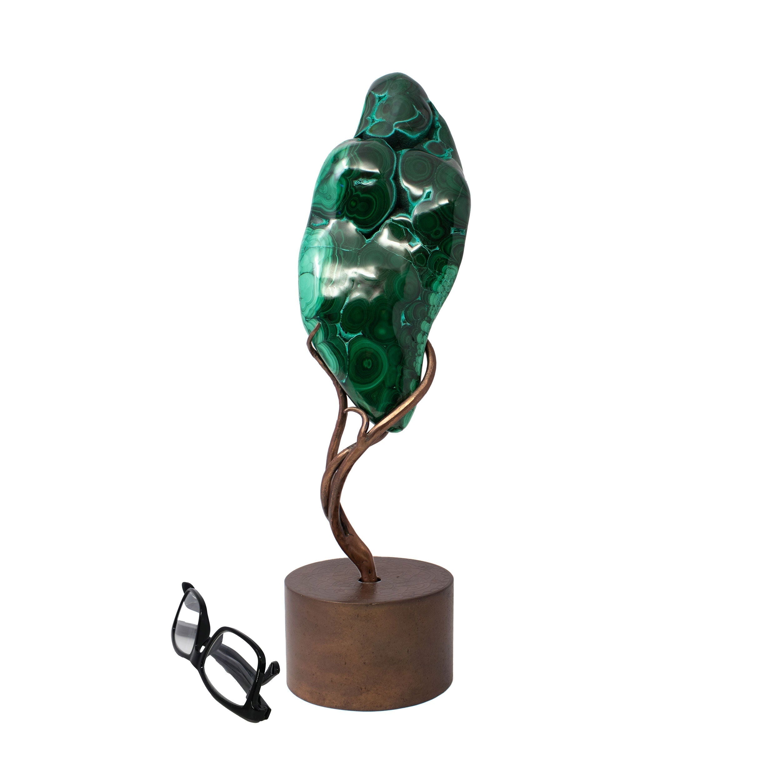Chrysocolla Malachite Polished Vivid Green and Blue Swirls on Custom Etched Copper Spinning Stand