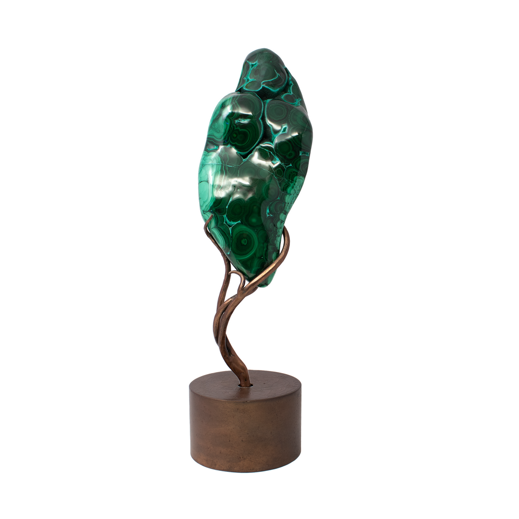 Chrysocolla Malachite Polished Vivid Green and Blue Swirls on Custom Etched Copper Spinning Stand