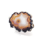 Agate Slice with Concentric Bands of White, Orange, Brown, and Charcoal on an Acrylic Stand