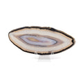 Agate Slice with Concentric Bands of Black, Tan, and Lavender on a Lucite Stand