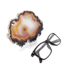Agate Slice with Concentric Bands of White, Orange, Brown, and Charcoal on an Acrylic Stand