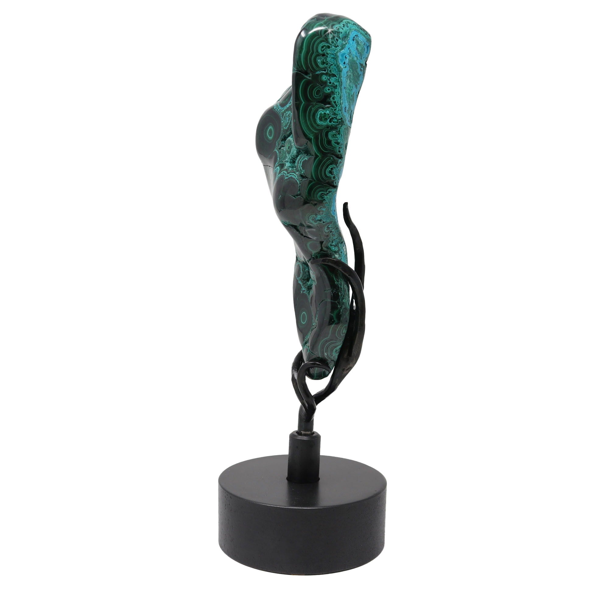 Chrysocolla Malachite Polished Emerald Green and Glossy Black on a Custom Spinner Stand