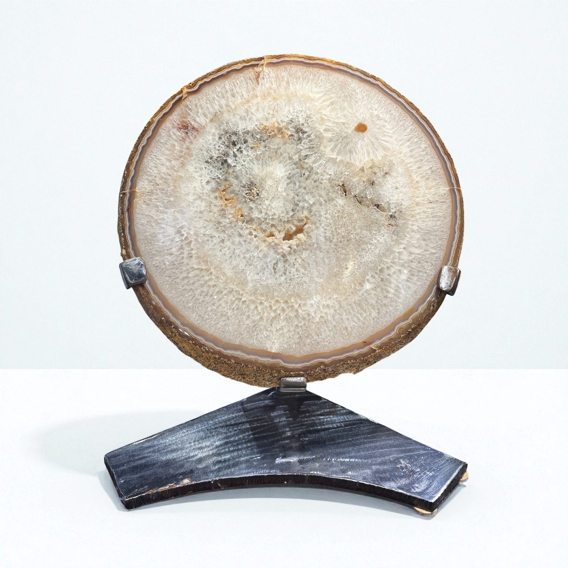 Agate Slice with Rich Brown Edge and Sparking Druze Pocket on a Custom Stand