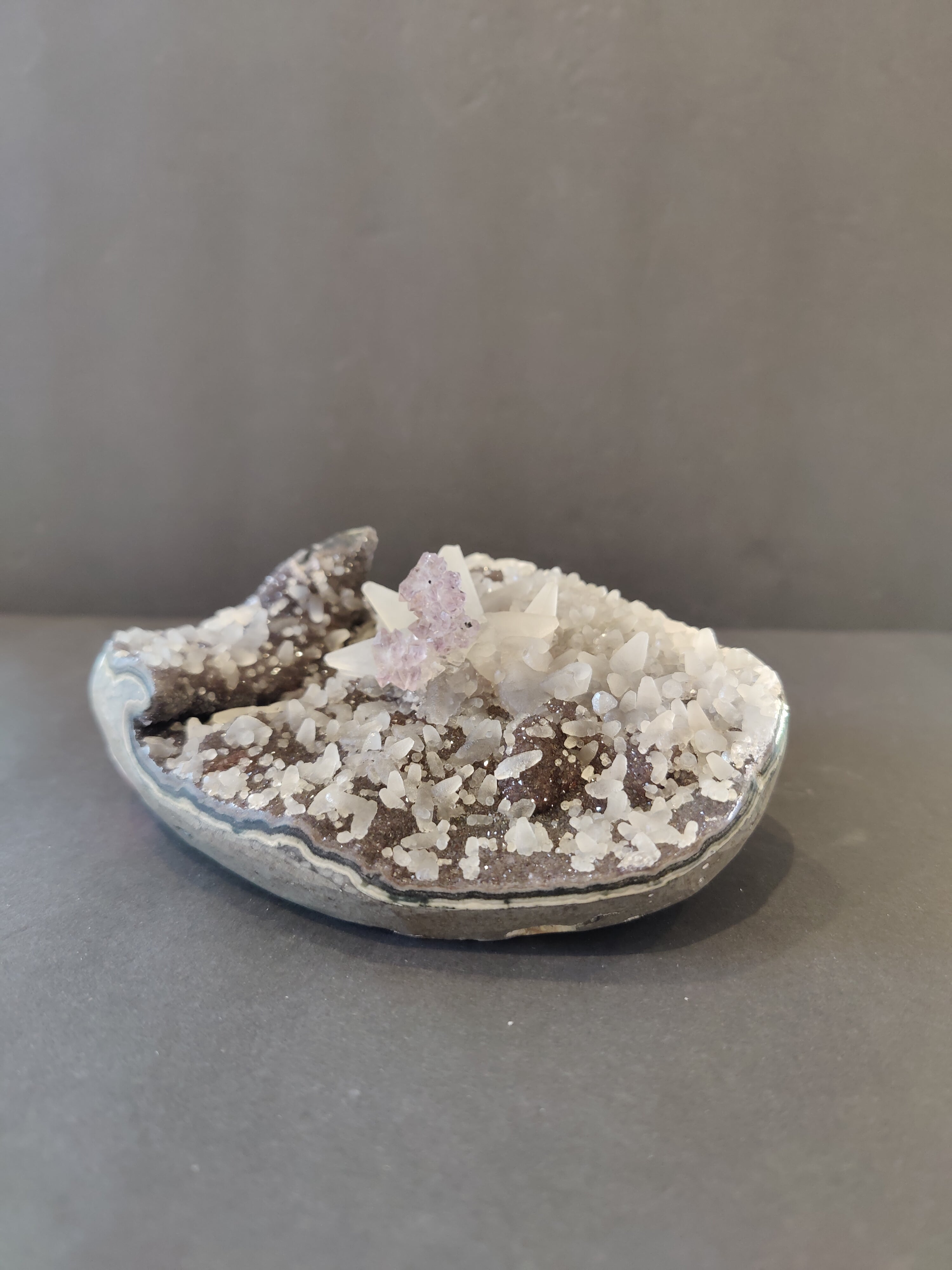 Amethyst with Scalenohedral "Dogtooth" Calcite inclusions Geode Sculpture