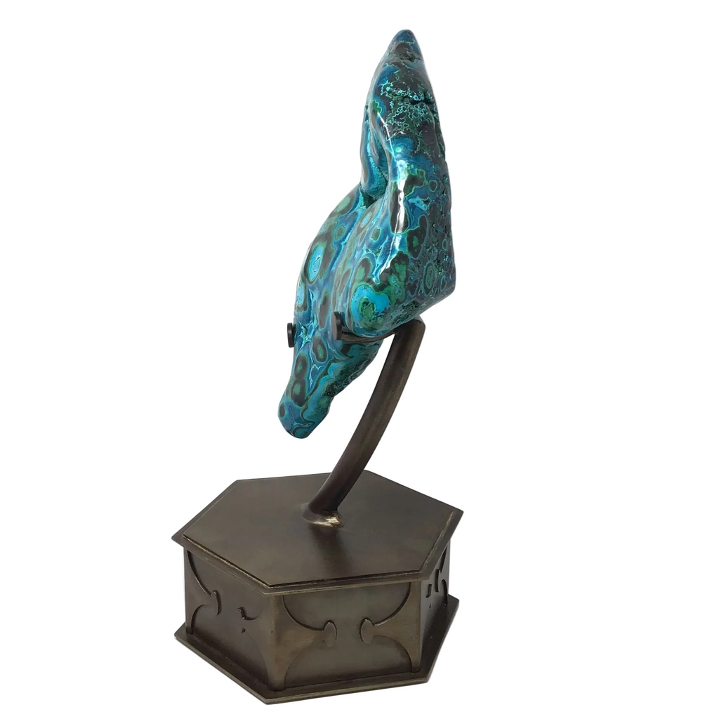 Chrysocolla Malachite Freeform Polished A+ Specimen on Custom Designer Hexagonal Bronze Base
