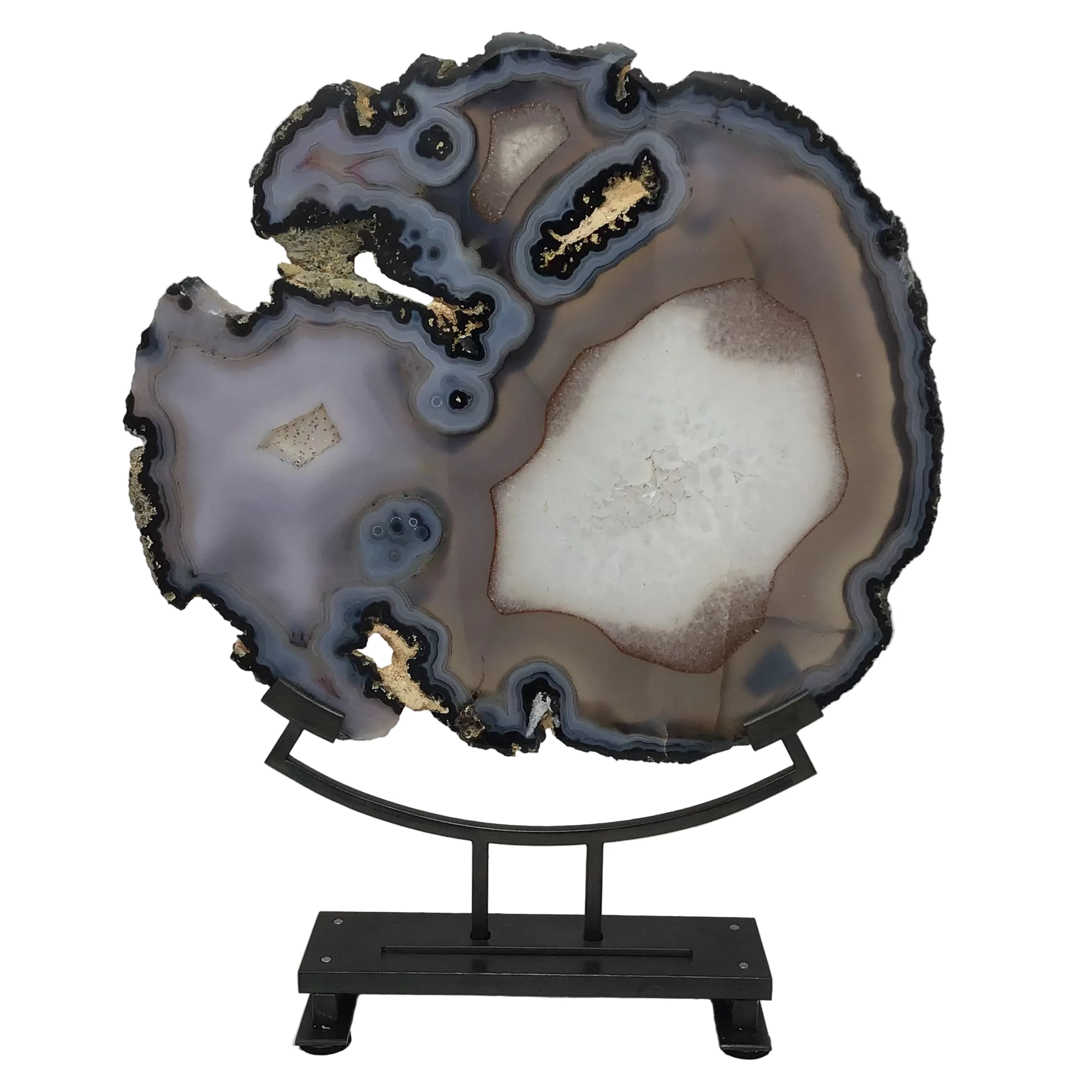 Agate Druze Slice with Carnelian and Blue Tubular Formations on Custom Arc Stand