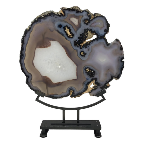 Agate Druze Slice with Carnelian and Blue Tubular Formations on Custom Arc Stand