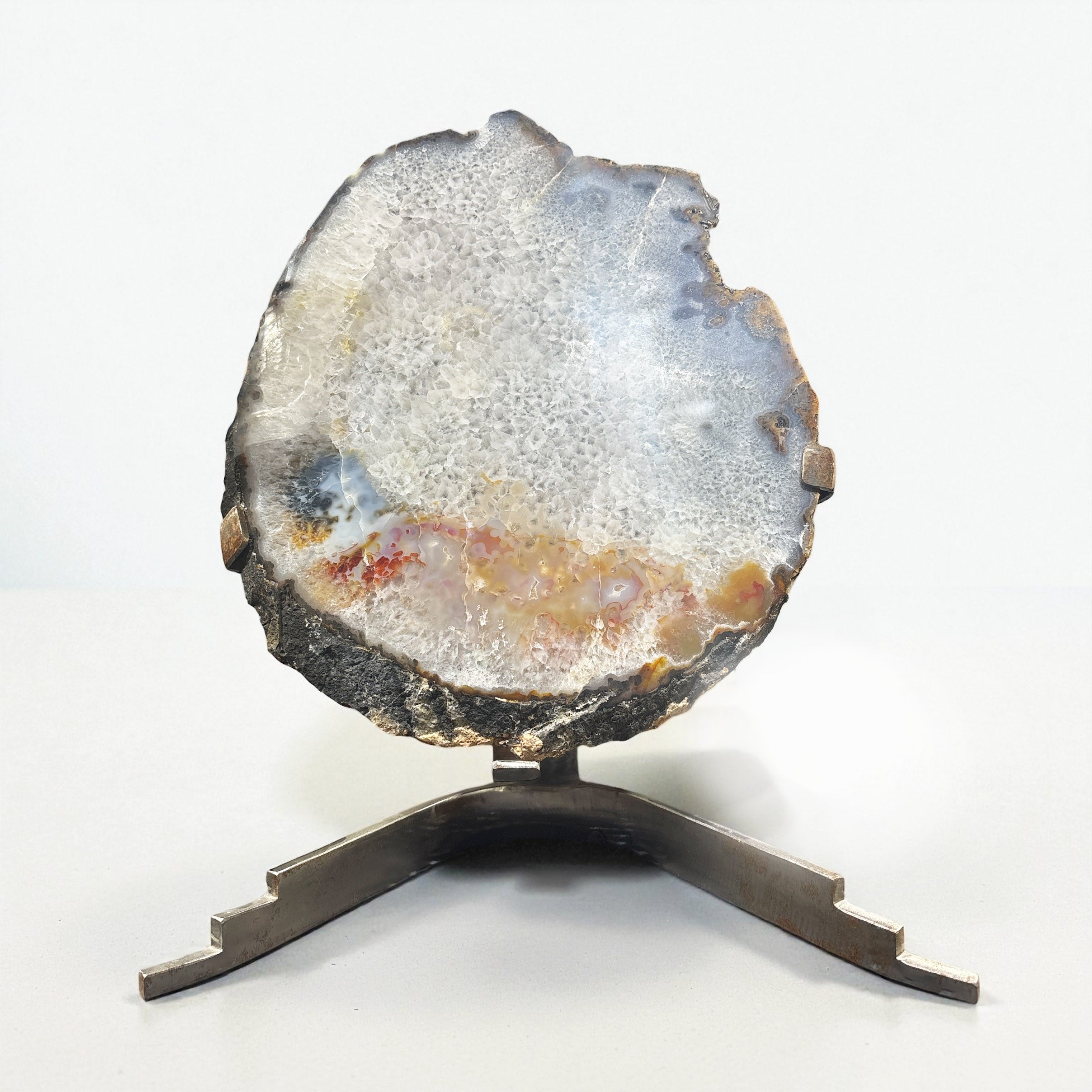 Agate Slice with Red Gold Blue Inclusions in a Custom Stand