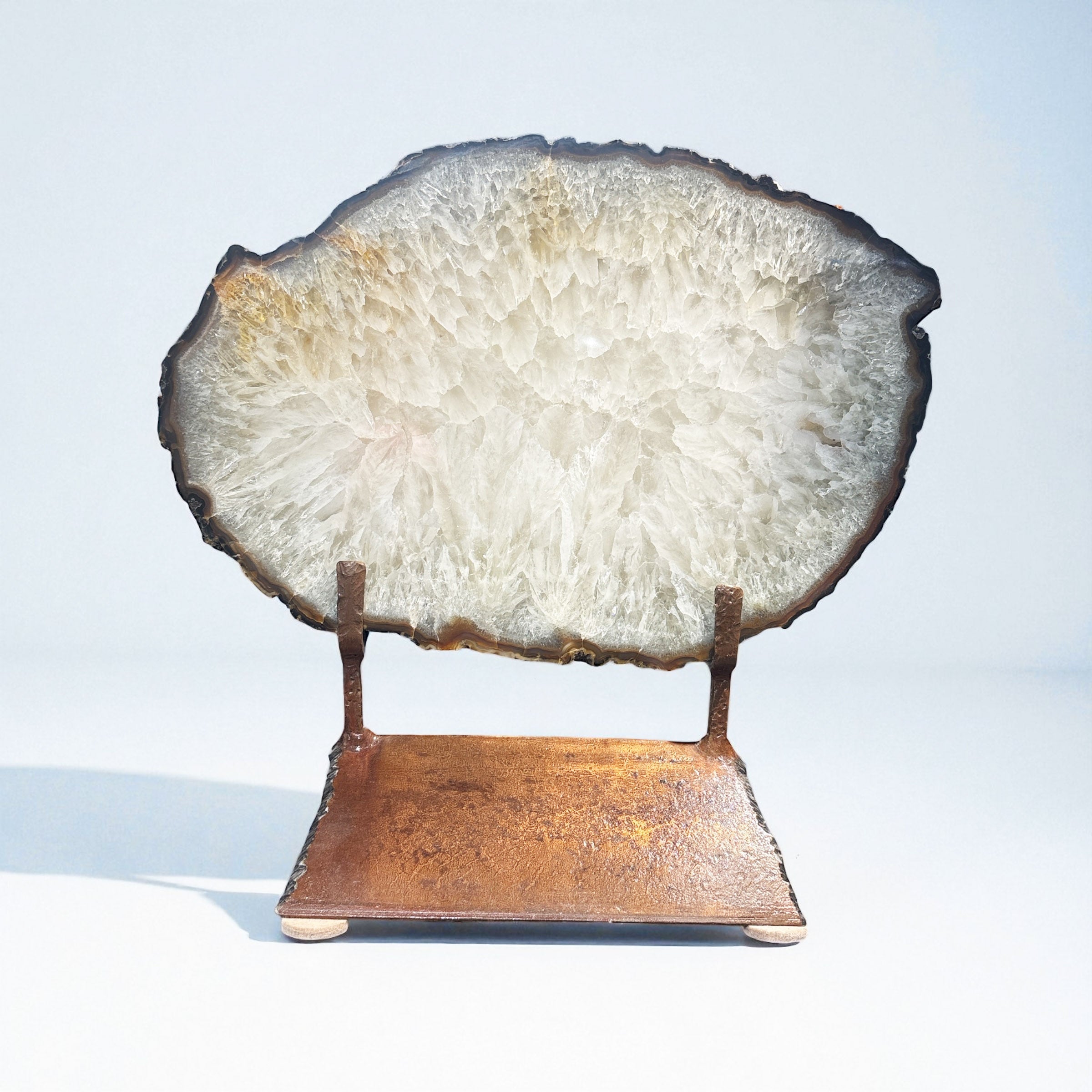 Agate Slice with Dark Brown Trim and Pristine White Center on a Custom Stand