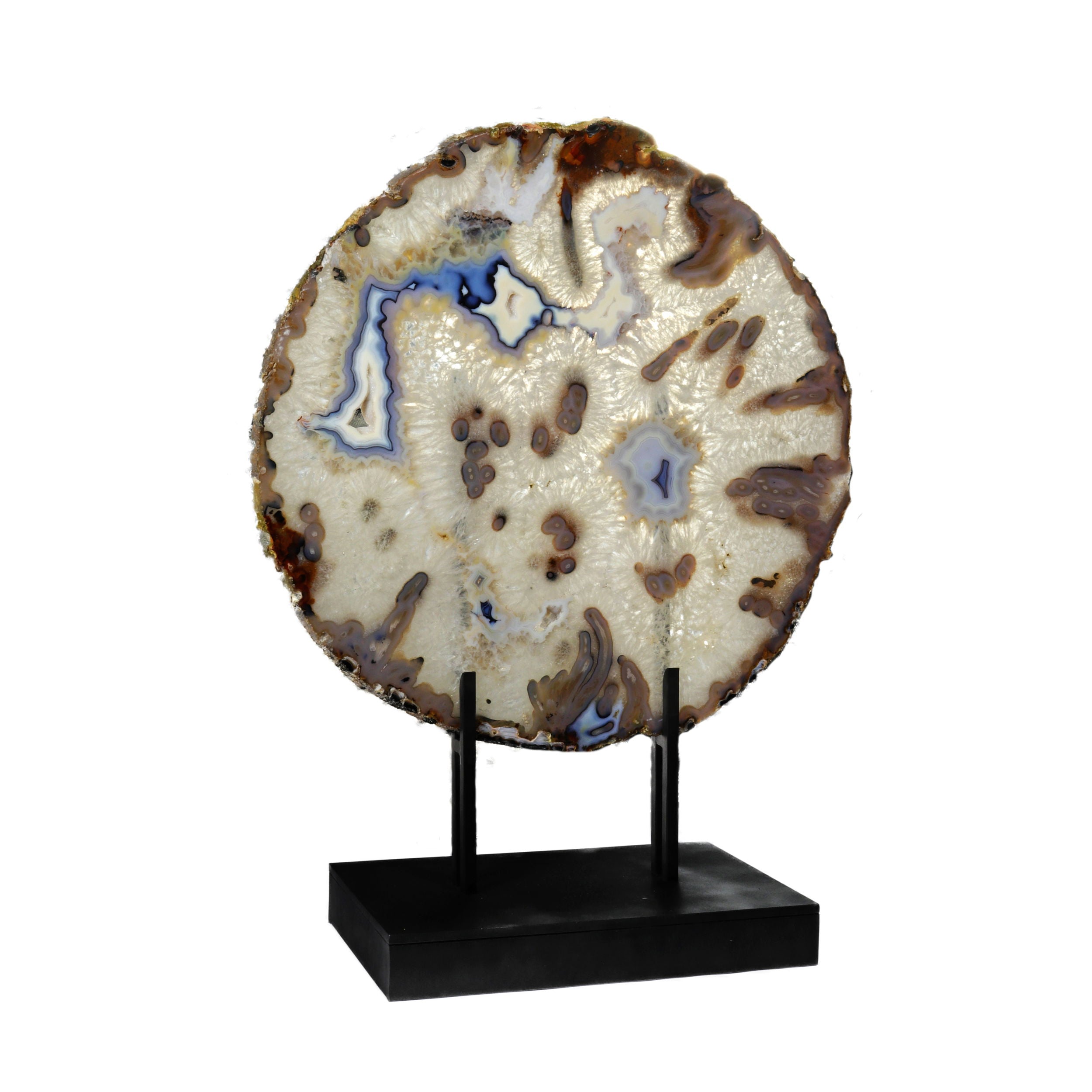 Agate Slice - Museum-Grade Agate Slice with Deep Cobalt Blues and Earthly Browns on a Custom Steel Stand