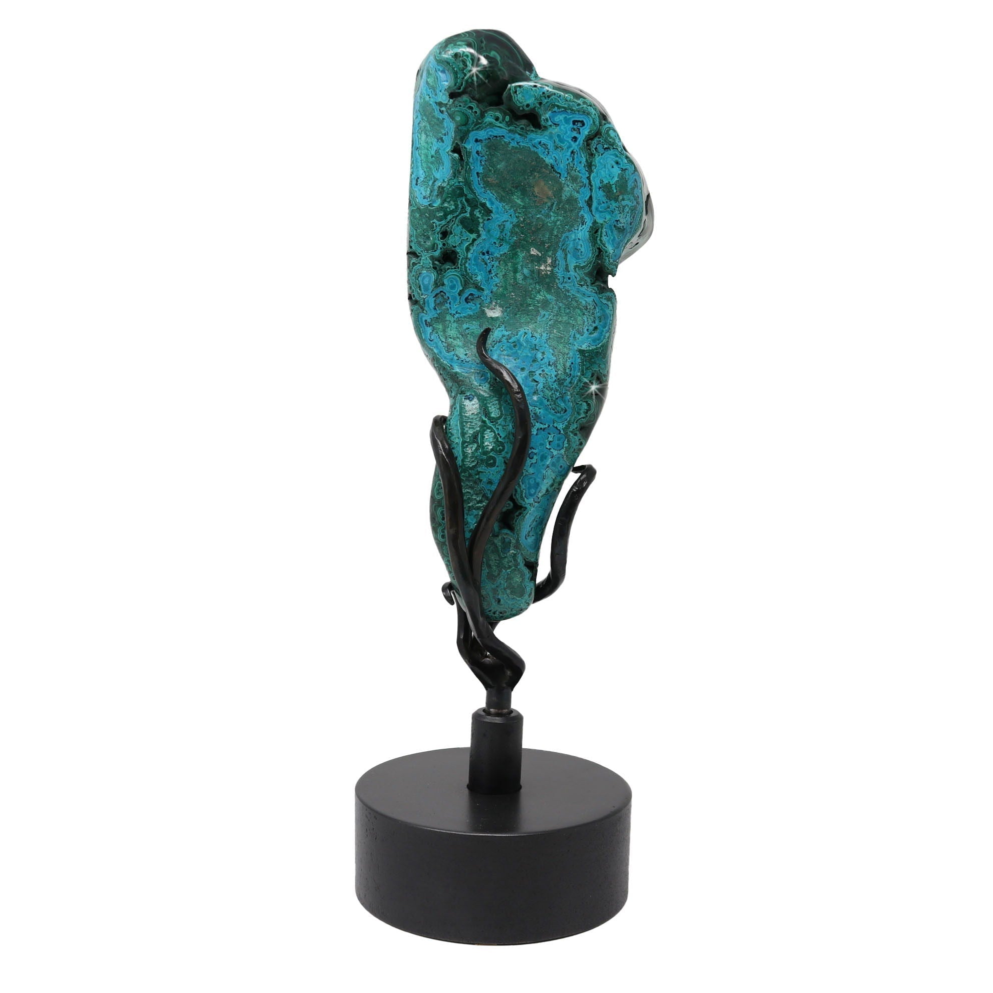 Chrysocolla Malachite Polished Emerald Green and Glossy Black on a Custom Spinner Stand