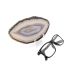 Agate Slice with Concentric Bands of Black, Tan, and Lavender on a Lucite Stand