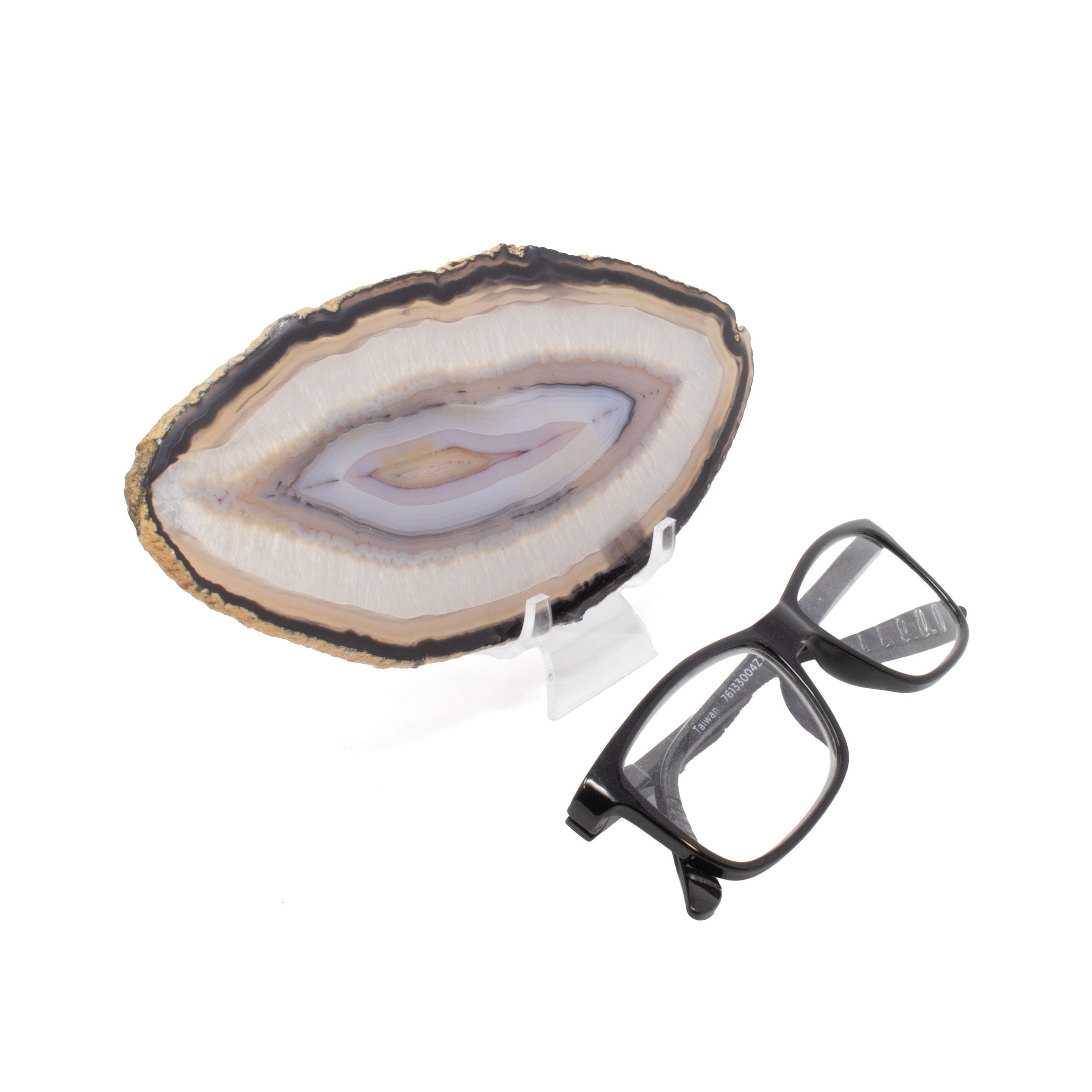 Agate Slice with Concentric Bands of Black, Tan, and Lavender on a Lucite Stand