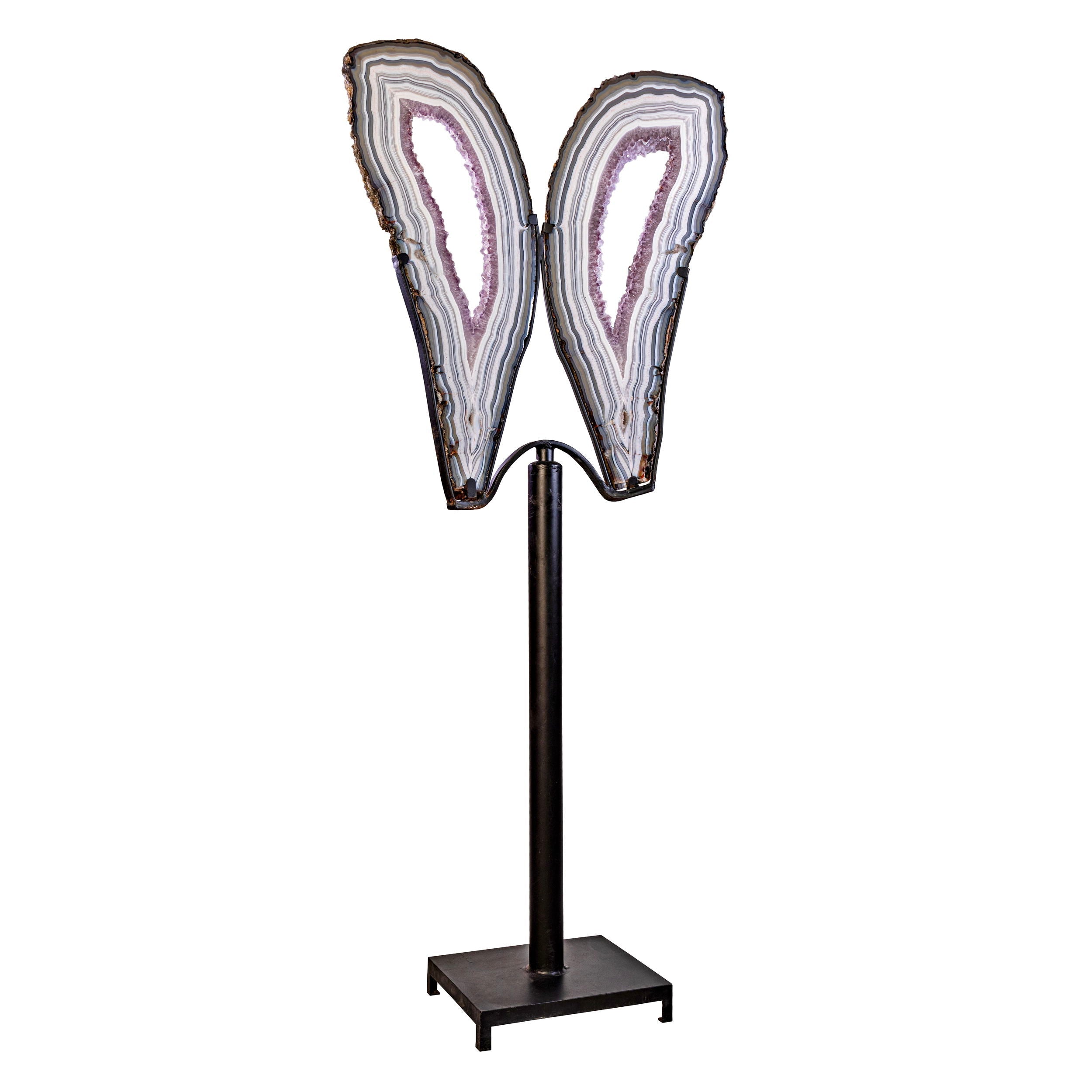 Agate Butterfly Wings Banded with Frosted Amethyst Druze Center on a Steel Rotating Stand