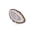 Agate Slice with Concentric Bands of Black, Tan, and Lavender on a Lucite Stand