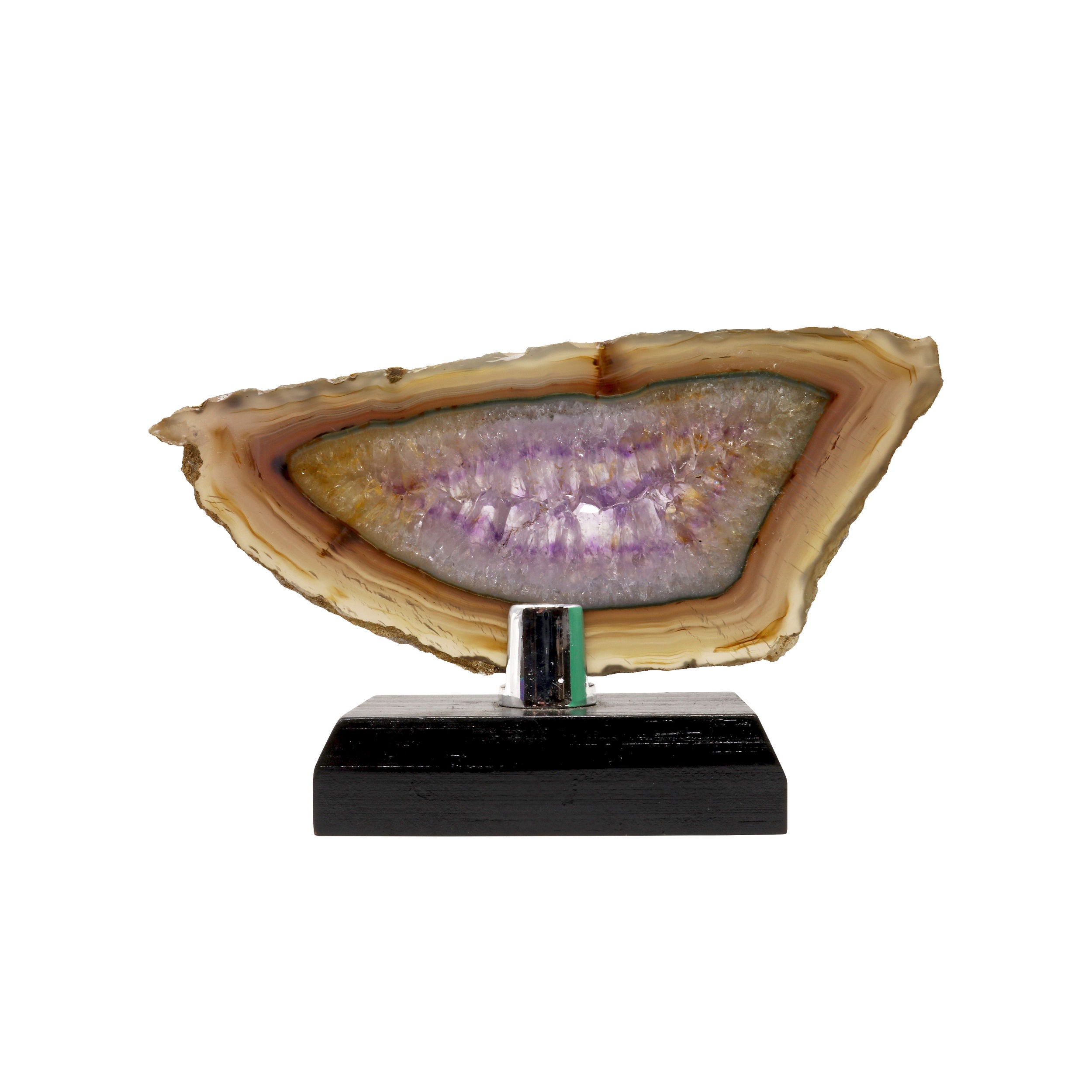 Agate Slice Amethyst with Brown & Green Accents on a Wooden Stand