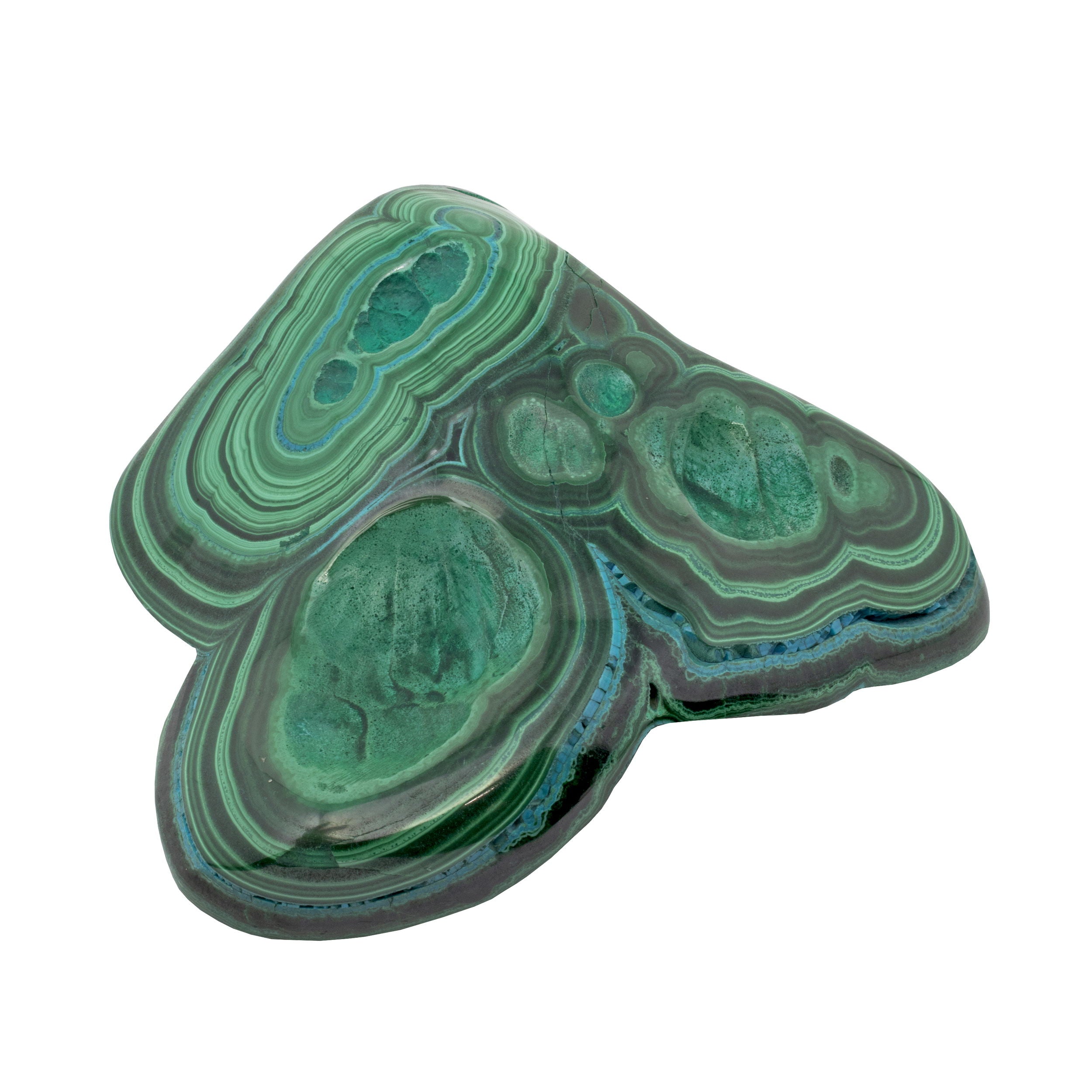 Chrysocolla Malachite Freeform Polished with Vibrant Green Banding and Three Indentations on the Face