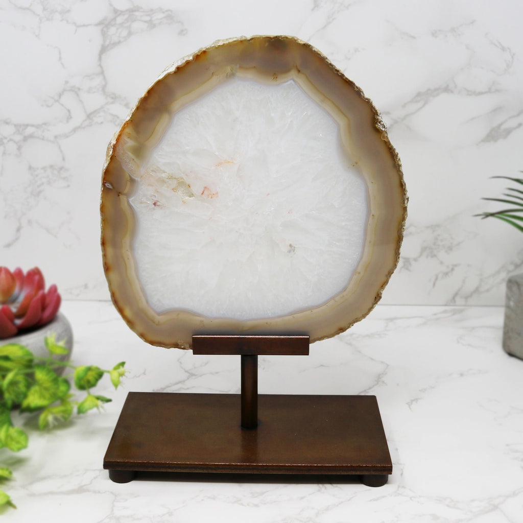 Agate Slice with Quartz Center on a Custom Post Stand