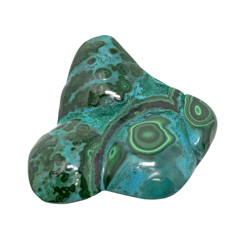 Chrysocolla Malachite Freeform Polished with Vibrant Green Banding and Three Indentations on the Face