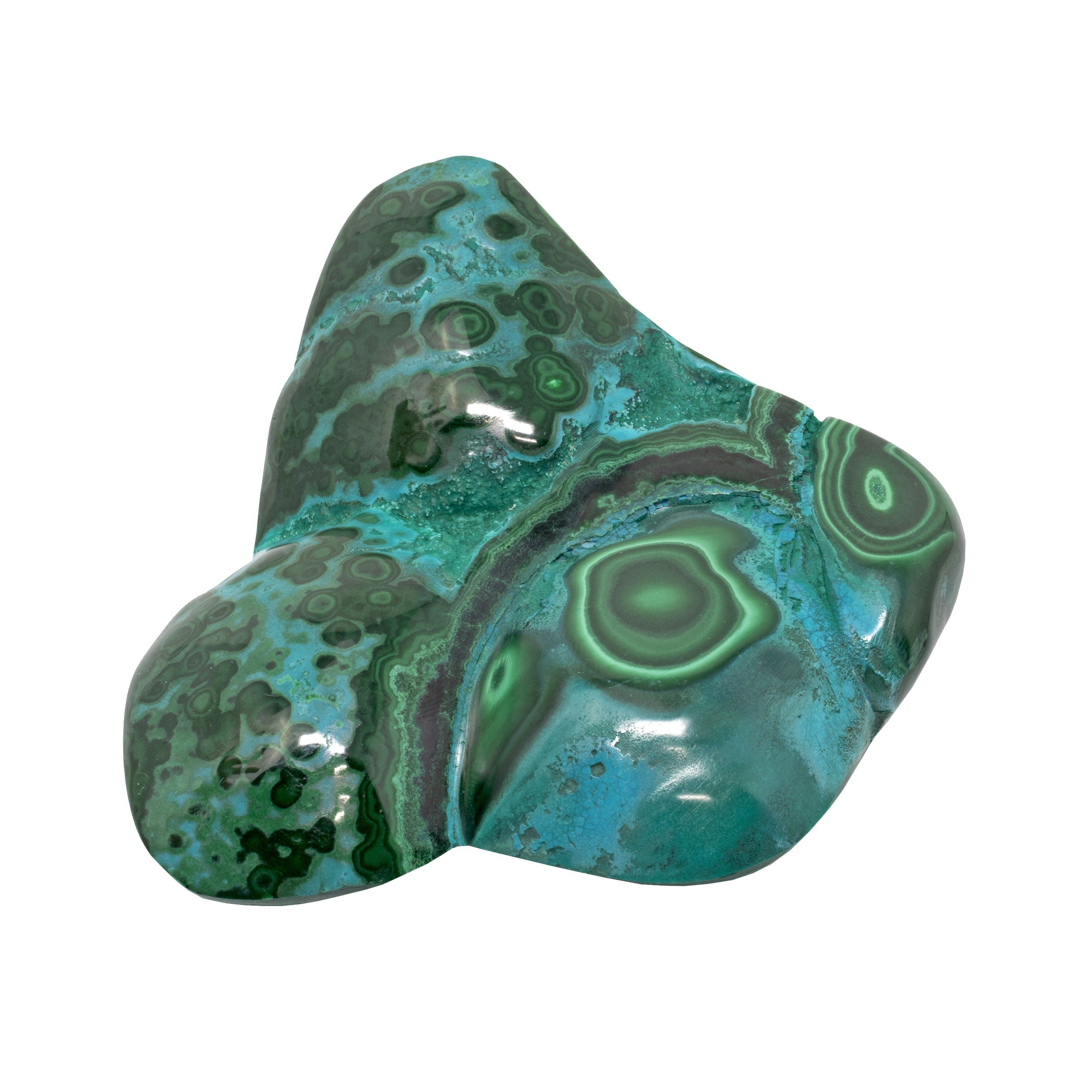 Chrysocolla Malachite Freeform Polished with Vibrant Green Banding and Three Indentations on the Face