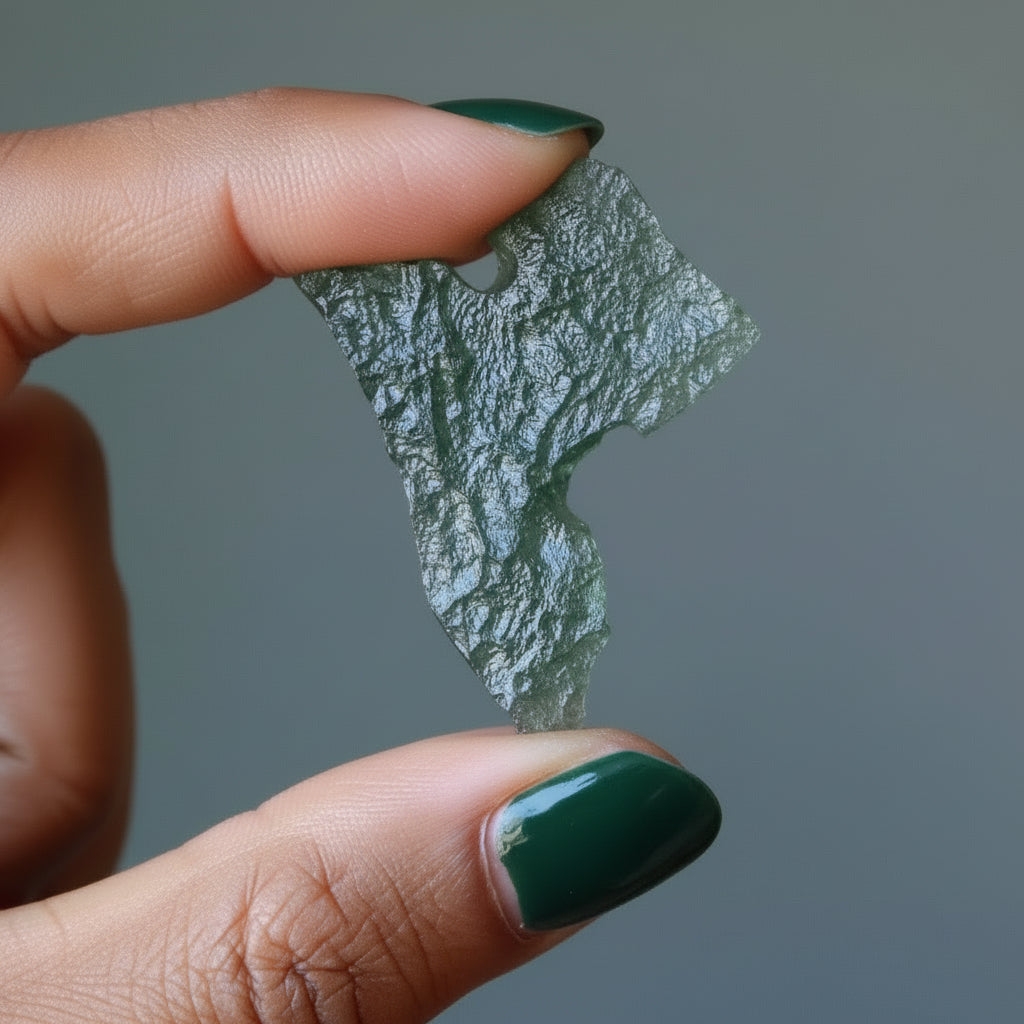 Moldavite Green Tektite Call of Karma Slim Slice