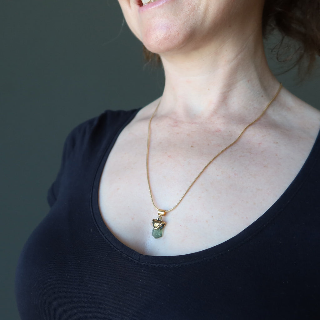 Moldavite Necklace God and Goddess Gemstone Gilded Gold