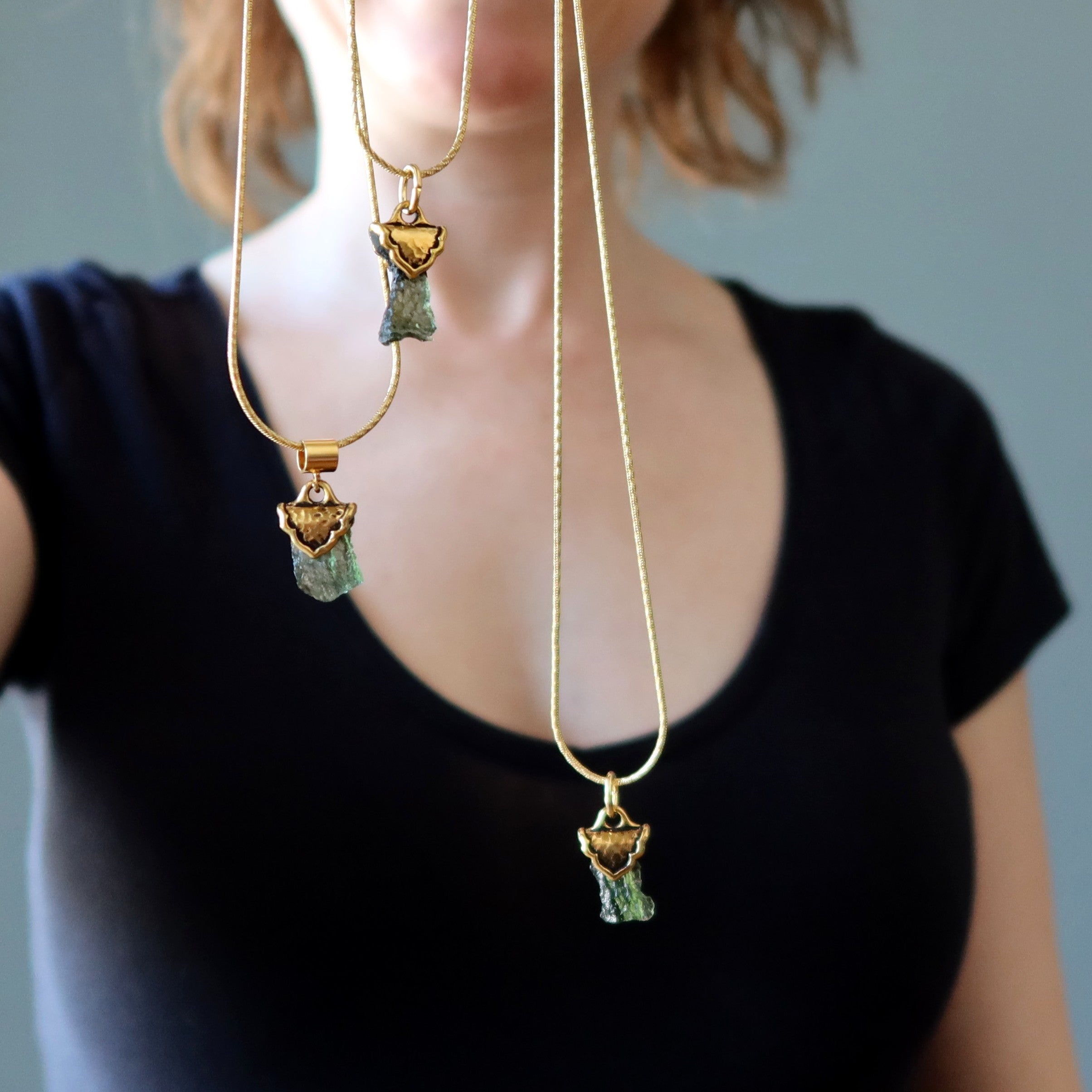 Moldavite Necklace God and Goddess Gemstone Gilded Gold