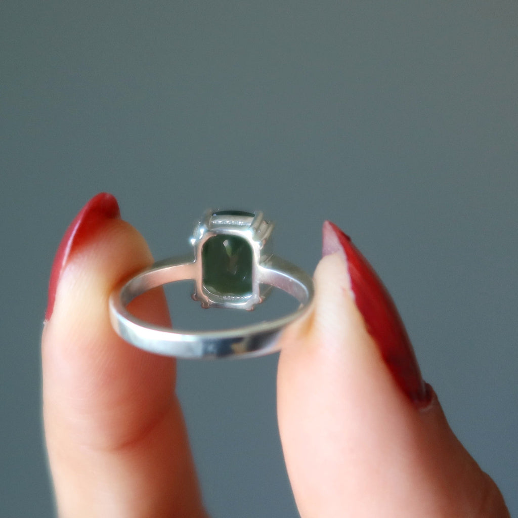 Moldavite Ring Big Green Stargazer Gem Sterling Silver