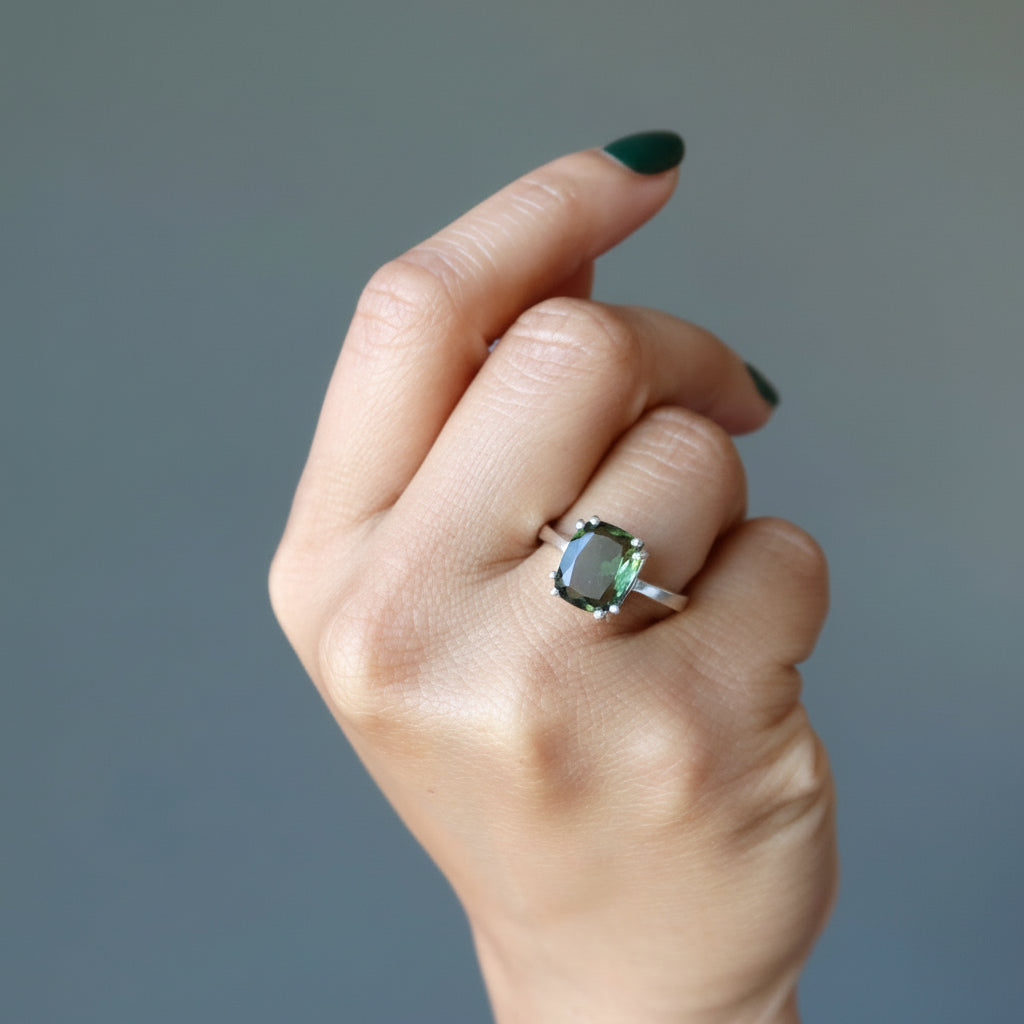 Moldavite Ring Big Green Stargazer Gem Sterling Silver