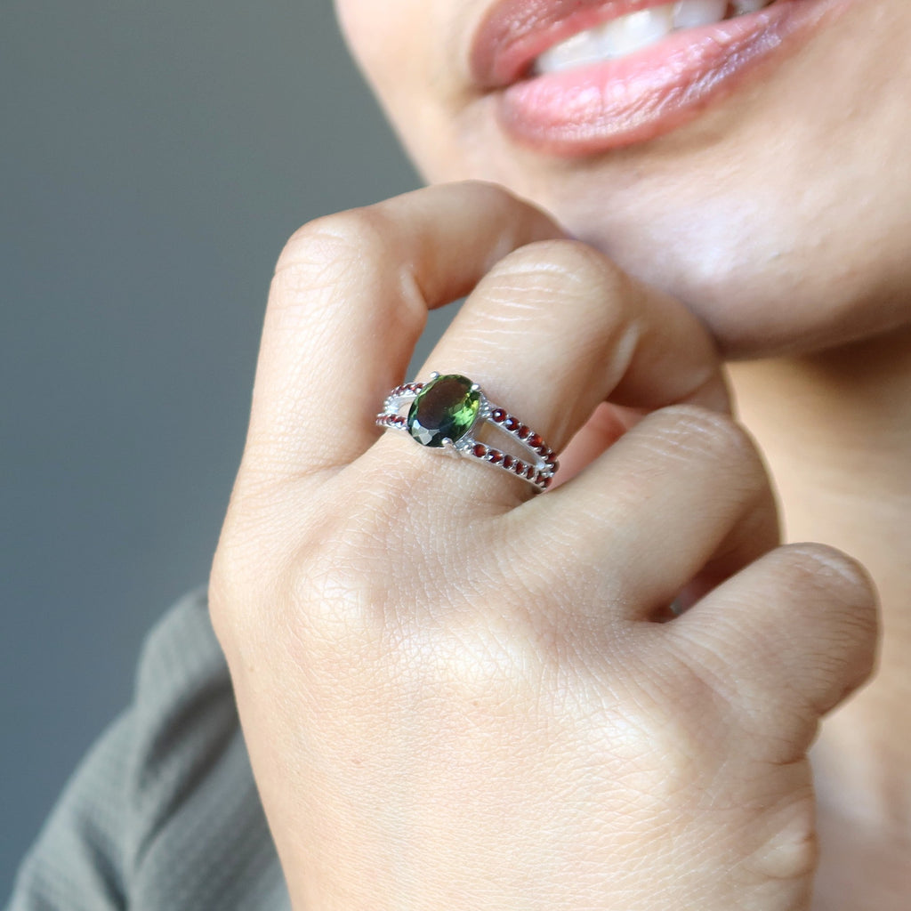 Moldavite Ring of Fire Red Garnet Gem Sterling Silver
